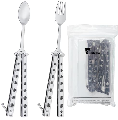 Flutesan 2 Pcs Butterfly Fork and Spoon Set, Tactical Butterfly Spoon Folding Stainless Steel Spork Utensil Set Balisong Trainer for Travel Camping Hunting BBQ Kitchen(Silver) - color: Silver
