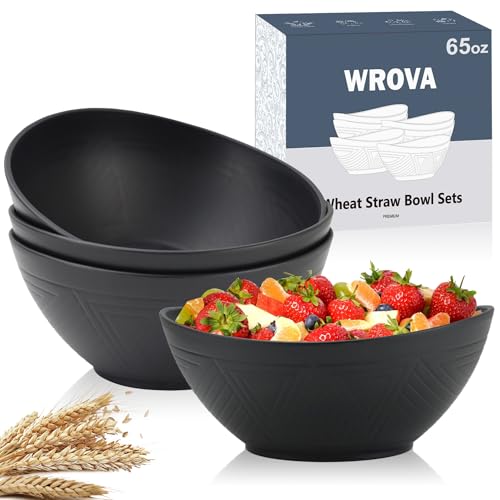 Wrova 65oz Large Salad Bowls Black - Wheat Straw Salad bowls Set of 4 - Unbreakable Salad Bowls Dishware & Microwave Safe - BPA Free Bowls for kitchen,camping - color: Black, size: 4 Pack