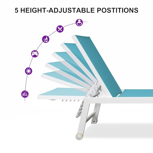 PURPLE LEAF Oversize Chaise Lounge Chair Outdoor 2 Pieces White Aluminum Lounge Chair with Wheels and Table for Pool Deck Patio, Turquoise - color: Turquoise, style: Oversize Inclining-leg