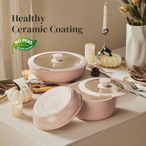 Redchef 16pcs Ceramic Pots and Pans Set Non Stick, Nonstick Kitchen Cookware Set with Detachable Handle, Non Toxic, PFAS PFOA & PTFE Free, RV Cookware Set for Camping, Dishwasher/Oven Safe (Pink) - size: 16 pcs Pink
