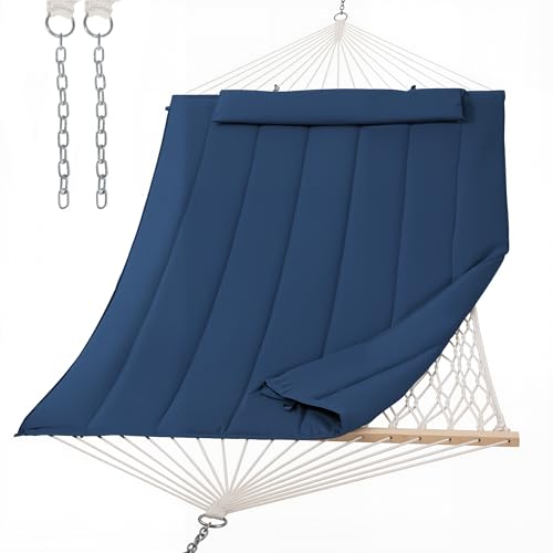 SUNCREAT Hammocks Outdoor Double Hammock with Hardwood Spreader Bar, Heavy Duty Cotton Rope Hammock with Polyester Pad, Dark Blue - color: Dark Blue