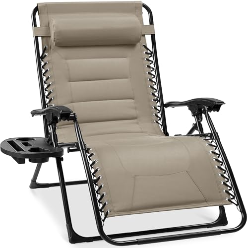Best Choice Products Oversized Padded Zero Gravity Chair, Folding Outdoor Patio Recliner, XL Anti Gravity Lounger for Backyard w/Headrest, Cup Holder, Side Tray, Polyester Mesh - Dune - color: Dune