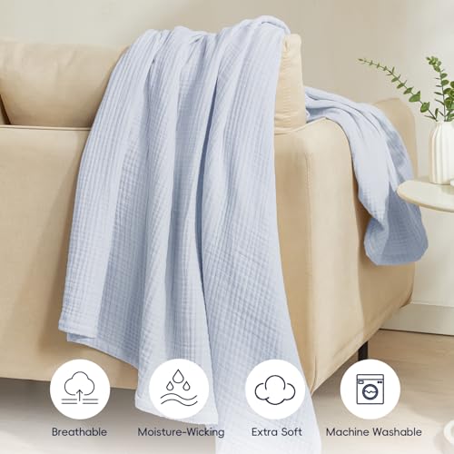 PHF 100% Cotton Muslin Throw XL Blanket Large 50" x 70", 4-Layer Lightweight Gauze Throw, Breathable Cloud-Soft Minimalist Blanket for Bed, Couch, Camping, Ancient Water, Ideal Gift - color: 05 - Ancient Water, size: Throw Xl(50"x70")