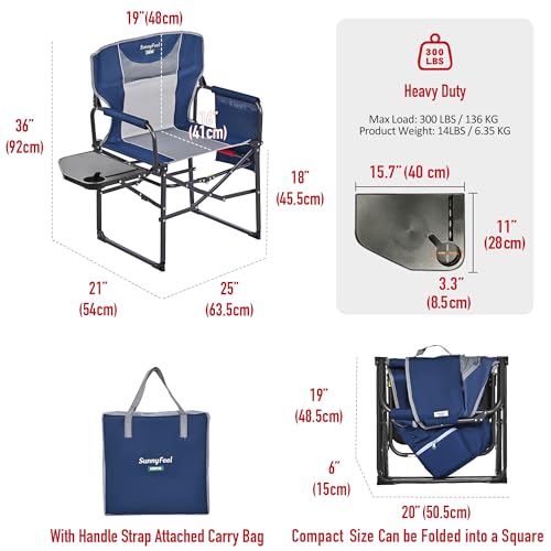 SUNNYFEEL Oversized Camping Directors Chair, Portable Folding Lawn Chairs for Adults Heavy Duty with Side Table,Pocket for Beach, Fishing,Picnic,Concert,Tailgating, Outdoor Foldable Camp Chair - color: Navy Blue, size: 1 Pc