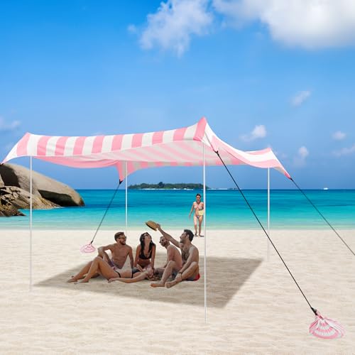 Beach Tent Canopy, UPF 50+ UV Protection Beach Sun Shade, Portable 10×10 FT Large Pop-Up Tent Sun Shelter with Sand Anchors, Ground Pegs, Easy Setup for Camping, Park, and Backyard Fun-Pink Stripe - color: Pink Stripe