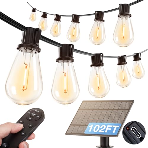 addlon 102FT(96FT+6) Solar String Lights Outdoor Waterproof with USB Port & Remote Control Solar Patio Lights for Outside Solar Powered with 52 LED Dimmable Bulbs for Porch Garden Deck Halloween - size: 96+6FT(48 Sockets)