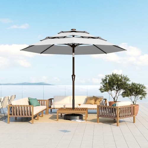 10FT Patio Umbrella 3 Tiers Outdoor Market Umbrella w/Push Button Tilt, Crank, UV and Waterproof Table Umbrella for Garden, Pool, Backyard, Deck, Lawn, Light Gray - color: Light Gray