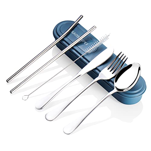 Portable Utensils Set with Case, 4pcs Stainless Steel Reusable Silverware for Lunch Camping School Picnic Workplace Travel, Lunch Box Includ Fork Spoon Knife,Easy to clean,Dishwasher Safe(Black) - color: Blue