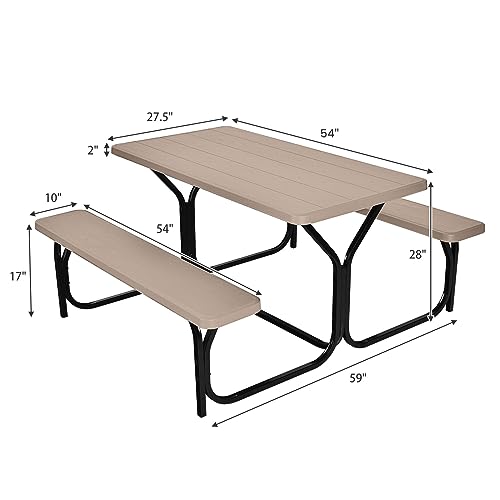 Moccha Picnic Table Bench Set, Portable Plastic Picnic Table w/Steel Frame & Wood-Like Texture, All Weather Heavy Duty Picnic Table Kit, Picnic Tables for Outdoors Garden Patio Dining (Light Brown) - color: Light Brown
