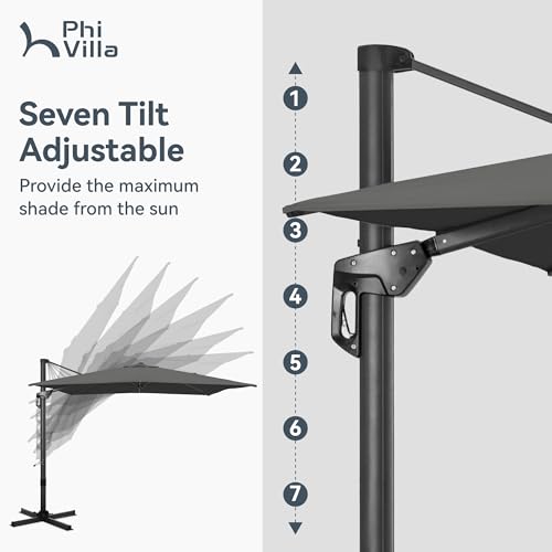 PHI VILLA 10ft Patio Umbrella with Base. 360° Rotation & 7-Level Tilt Outdoor Cantilever Umbrella with Easy Crank Handle. Square Offset Umbrella Heavy Duty for Garden Poolside Backyard (Grey) - color: Grey, size: 10'x10'-With Base