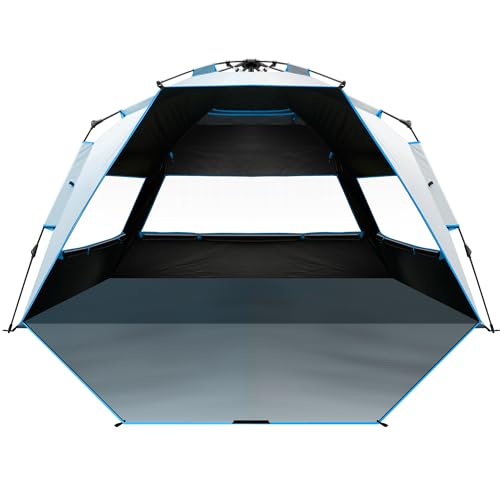 OutdoorMaster Beach Tent with Blackout Shelter Technology, Portable Sun Shade Shelter 4 Person, Pop Up Beach Tents with UPF 50+ UV Protection, 9.5mm Thick Pole, 3 Ventilating Mesh Windows - color: Ocracoke Coast