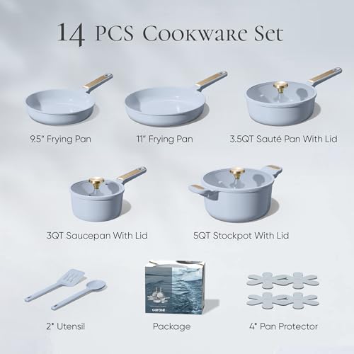 CAROTE Ceramic Cookware Set Nonstick, 14pcs Pots and Pans Set Nonstick, Non-Toxic & PFAS-Free, Dishwasher, RV/Camping Cookware Set, Cooking Pots with Lids, Pastel Blue - color: Light Blue