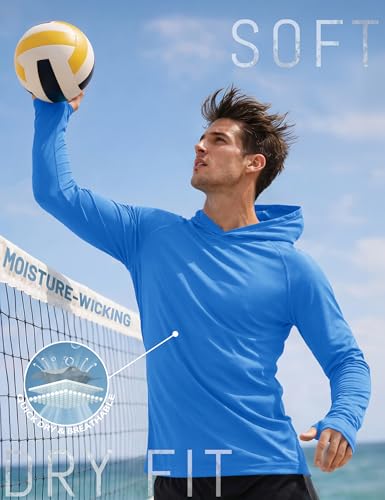 KEFITEVD Men's Sun Protection UPF 50+ Hoodie Shirts Long Sleeve Swimming Fishing Shirt SPF UV Quick Dry Rash Guards - color: Azure, size: Medium
