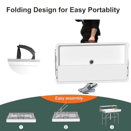 Ice Cooler Table with Drain, Two-Tier Plastic Folding Tables, with Removable Matching Skirt and Shelf, Indoor Outdoor Use for Party Camping Picnic Fishing Cleaning, 440 lbs Capacity - style: Fish cleaning ice table two tier