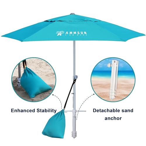 AMMSUN 8ft Large Beach Umbrellas for Sand Heavy Huty Wind Portable Commercial Grade Patio Beach Umbrella with Sand Anchor Adjustable Height Air Vent UPF 50+ Telescoping Pole without tilt Teal - color: Teal