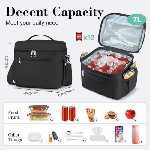 DALINDA Insulated Lunch Bag Lunch Box for Women Men,Leak-Proof Cooler Bag Lunchbox Lightweight for Work Picnic,Study,Beach,Camping,Travel - color: Black, size: 7L Medium · Compact Size