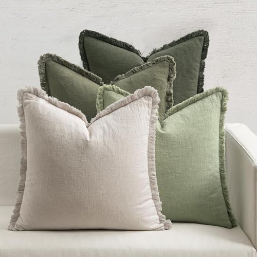 MIULEE Decorative Couch Pillow Covers Neutral Linen Fringe Throw Pillows Set of 4 Boho Farmhouse Soft Accent Cushions for Bed Sofa Living Room Spring Home Decor 22x22 Inch Beige/Sage Green - color: Sage Green, size: 22" x 22" (Pack of 2)