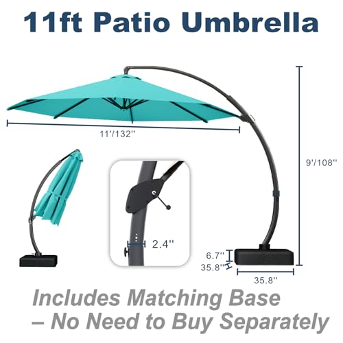 11FT Cantilever Umbrella with Base Large Curvy Outdoor Aluminum Offset Umbrella w/ 360° Rotation, UV Resistant Canopy for Patio, Garden, Backyard, Turquoise Blue - color: Turquoise Blue, size: 11FT