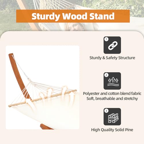 ECOTOUGE 12 FT Wooden Hammock with Stand for Single Person, Weather-Resistant, Certified Sustainable Hammock Bed for Backyard, Balcony, Porch(White) - size: 12FT