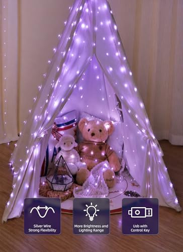 Brightown 300 LED Purple Fairy Curtain Lights, 9.8ft x 9.8ft String Lights, USB Plug in 8 Lighting Modes Christmas String Hanging Lights with Remote for Bedroom Indoor Outdoor Party Xmas Purple 1 Pack - color: Purple, size: 1 Pack-300 LED
