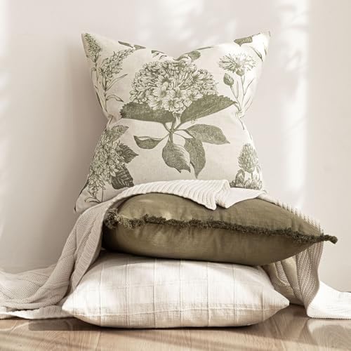 Foindtower Set of 2 Linen Floral Vintage Throw Pillow Covers Neutral Accent Print Decorative Cushion Covers Farmhouse Home Decor for Sofa Chair Couch Bedroom Living Room,18×18 Inch,Sage Green - color: Cedar Green, size: 18" x 18" (Pack of 2)