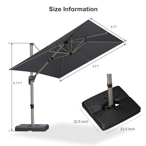 PURPLE LEAF Patio Umbrella with Base Included, 8ft Outdoor Aluminum Cantilever Umbrella with 360° Rotation, Champagne Offset Umbrella for Outdoor Garden Pool, Light Grey - color: Light Grey, size: 8' x 8'