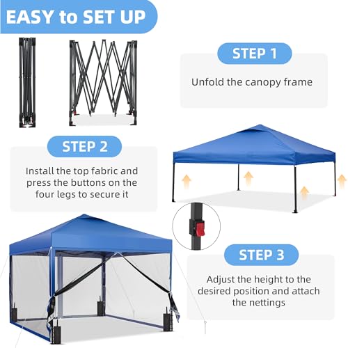 GDY 10x10 Pop up Canopy Tent with Mosquito Netting, Easy up Gazebo for Patio, Camping and Garden, Includes 4 Sandbags, Blue - color: Blue, size: 10x10 with Mosquito Netting