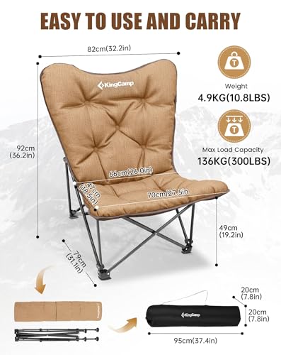 KingCamp Folding Comfy Butterfly Chair Oversized Padded Camping Chairs for Adults Comfortable Camp Chair 300lbs Heavy Duty with High Back for Outdoor Lawn Patio Bedroom Living Room Dorm - color: Deluxe Khaki