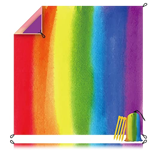 Rainbow Watercolor Print Beach Blanket Sandproof Waterpoof Oversized 79"x 83" Beach Mat with Corner Pockets, Lightweight Portable Mat for Beach Festival Travel Picnic Camping Outdoor - color: Rainbow, size: 79"x83"