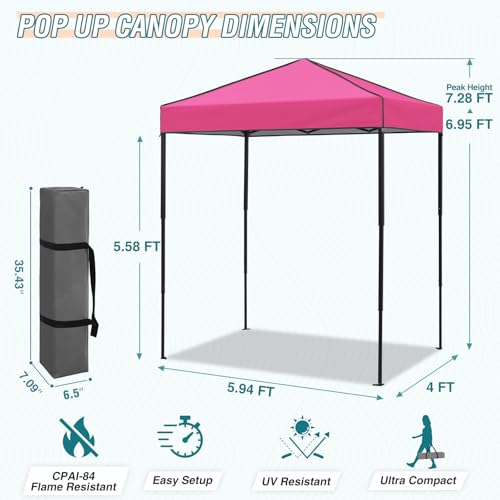 EAGLE PEAK 6x4 Instant Pop Up Canopy Tent, Straight Leg Sun Shelter, Portable Canopy with Carry Bag for Camping, Beach & Sports, Pink - color: Pink, size: No Wall