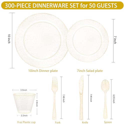 WELLIFE 300 PCS Gold Glitter Dinnerware Set for 50 Guests, Disposable Plastic Plates for Party, 50 Dinner Plates, 50 Salad Plates, 50 Cups Forks Knives Spoons for Wedding and Party Supplies - color: Gold Glitter, size: 50 Guests