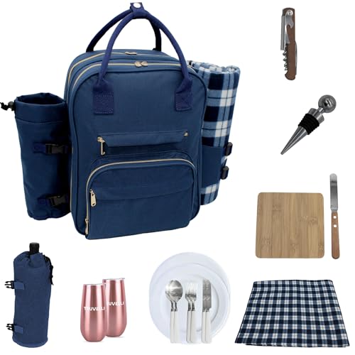 Truvelli Picnic Backpack for 2 with Blanket – 12-in-1 Insulated Picnic Basket Backpack Set with‬ Wine Holder, Cutlery & Cheese Board – Luxury Picnic Back Pack for Couples, Outdoor‬ Adventures, Blue - color: Blue