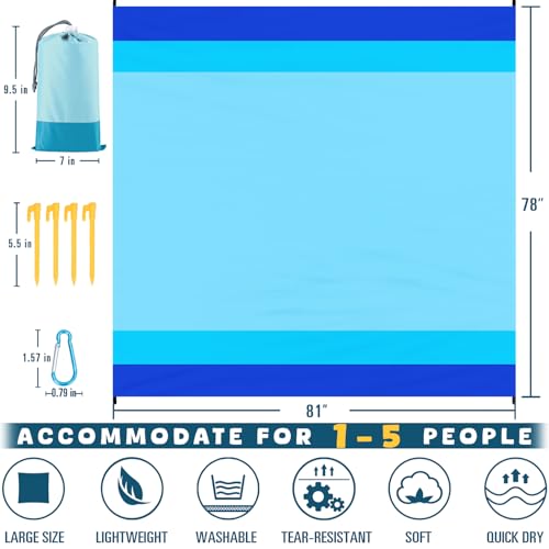 Beach Blanket Waterproof Sandproof 78''×81'' Large Suits 1-5 Adults Oversized Lightweight Picnic Mat Sand-Free Blanket for Camping Hiking Beach Travel - color: Blue, size: 78''x81''
