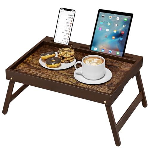 Bamboo Breakfast Tray with Foldable Legs & Detachable Stand | Ergonomic Handle | Portable Bed Tray for Eating, Working, Laptop, Tablet, and Phone（Vintage Walnut） - color: Normal, size: Medium
