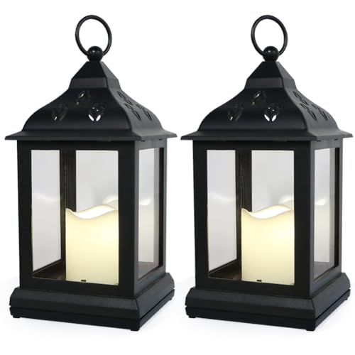 Bright Zeal 2-Pack 9.5" Vintage Decorative Candle Lantern with LED Flickering Flameless Candle (Black, 8hr Timer) - Indoor Hanging Lanterns Decorative Lanterns Battery Powered LED Candle Timer Candle - color: [2-pack] Textured Black - Abs Thermoplastic Co