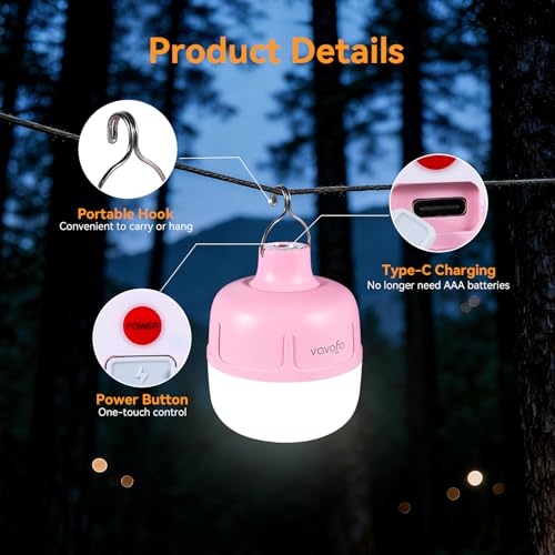 VAVOFO 20W LED Camping Lantern Rechargeable, 1200LM Camping Light, 3000mAh Portable Tent Light , IP65 Waterproof Flashlight Lanterns for Emergencies ,Power Outages,Hiking (Pink) - color: Pink
