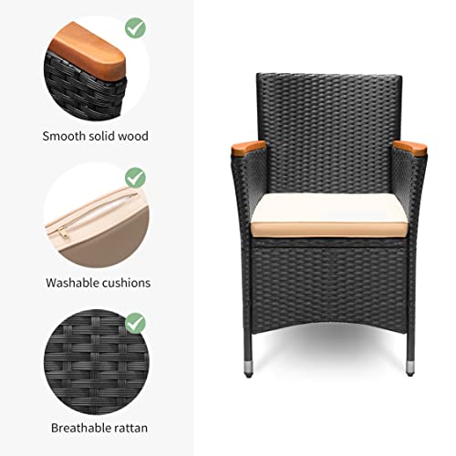 Flamaker 5 Piece Patio Dining Set Outdoor Acacia Wood Table and Chairs with Soft Cushions Wicker Patio Furniture for Deck, Backyard, Garden - color: Black, size: 5 Piece