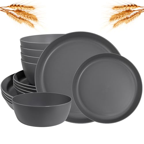 EI 12pcs Wheat Straw Dinnerware Set of 4,Kitchen Plates and Bowls,Reuasble Plates,Unbreakable Dinner Plate,Hard Premium Plastic Plate for Camping,Picninc,Halloween - color: Dark Grey Wheat Straw Plates and Bowls