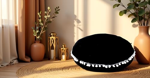 CRAFT KALA Meditation Floor Pillow Cover, Round Large Pillows Cover Seating for Adults, Bohemian Mandala Circle Cushions Cover for Outdoor Fireplace Yoga Living Room (Black, 32" Round) - color: Black, size: 32" x 32" (Pack of 1)