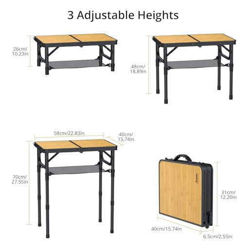 Anbte 2ft Camping Table Foldable with Storage Net, 3 Adjustable Heights Aluminum Small Folding Table Lightweight, Portable Handle for Travel Outdoor Beach Camping Picnic, 23.2" x 16", Light Oak Grain - color: Light Oak Grain, size: 24"L x 16"W x 27.5H"