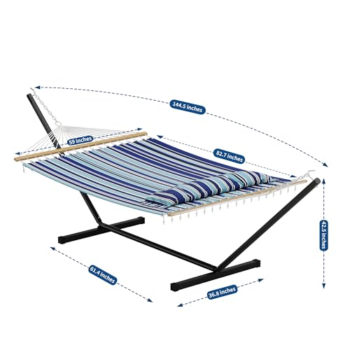 Double Hammock with Stand for 2 Person, Outdoor Freestanding Hammock Bed with 475lb Capacity - Heavy Duty Steel Frame, Quilted Pillow & Portable Carry Bag, Easy Assembly, Blue - color: Blue - Widened