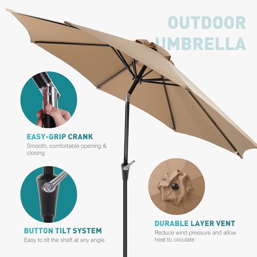 OLIXIS Patio Umbrella with Tilt and Crank Button & Sturdy Ribs Waterproof, Patio Table Umbrella Perfect for Poolside, Terrace, Beach and Outdoor Restaurant - color: Khaki, size: 9FT