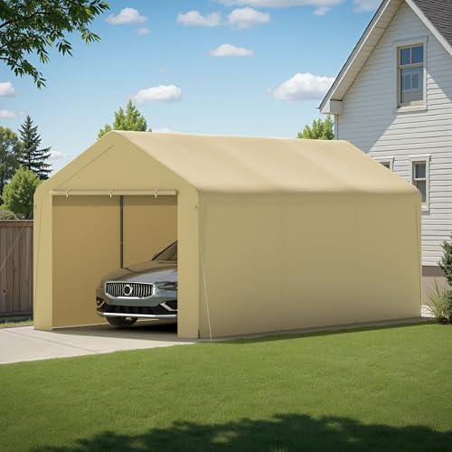 Carport, 10‘ x 20’ Heavy Duty Portable Garage All-Season Car Canopy w/Removable Sidewall & Doors, Carport Canopy Party Tent w/Water-Resistant Tarp for Backyard (Yellow, 10‘ x 20’) - color: Yellow, size: 10' x 20' /with side