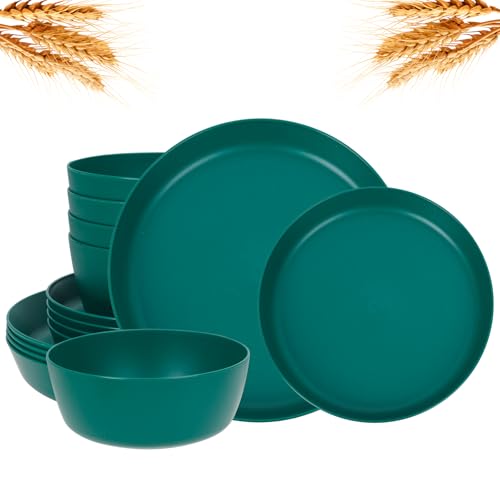 EI 12pcs Dark Green Wheat Straw Plates,Plate and Bowls Sets,Wheat Straw Dinnerware Set,Unbreakabl Plastic Plates Reusable,eMelamine Dinnerware Sets - color: Dark GreenWheat Straw Plates and Bowls