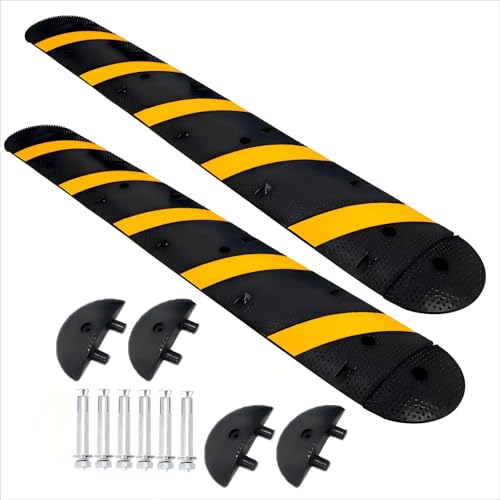 7FT Rubber Speed Bumps 2 Pack, Heavy Duty Traffic Speed Humps for Road, Driveway,Parking Lot, 66000 LBS Capacity, with 4 End Caps,8 Concrete Bolts - size: 6ft