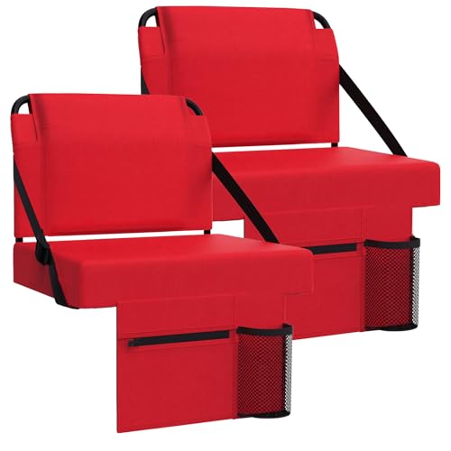 2pcs Stadium Seat for Bleachers with Back Support，Portable Bleacher Chairs with Back and Cushion，Includes Shoulder Strap and Cup Holder - color: Red,2 Pack