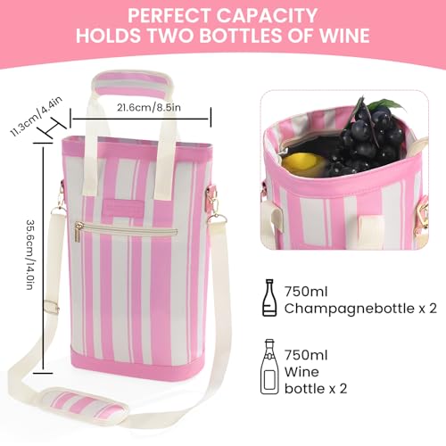 BLUBYEES 2-Bottle Insulated Wine Carrier Tote - Leakproof Padded 900D Oxford Wine Cooler Bag for Travel, Picnics, Beach & Parties - Ideal Wine Gift for Wine Lovers - color: Sakura Pink
