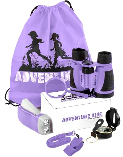 Adventure Kidz - Outdoor Exploration Kit, Children’s Toy Binoculars with Case, Flashlight, Compass, Fox Whistle, Magnifying Glass, Backpack. Great Kids Set for Camping, Hiking, STEM, Pretend Play. - color: Purple