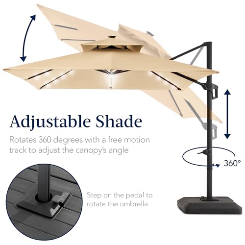 Best Choice Products 9x12ft LED Cantilever Patio Umbrella w/Base Included & 360° Rotation, Large Solar Offset Hanging Outdoor Sun Shade for Deck, Backyard Table w/Stand & Lights – Sand - color: Sand, size: 9x12ft
