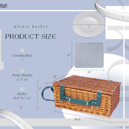Picnic Basket Set for 4 with Waterproof Blanket Mat Insulation Bag Wicker Green Plaid Classic Cottagecore Gift for Christmas Thanksgiving Wedding Birthday Camp Outdoor Beach Travel - color: Green Plaid 2